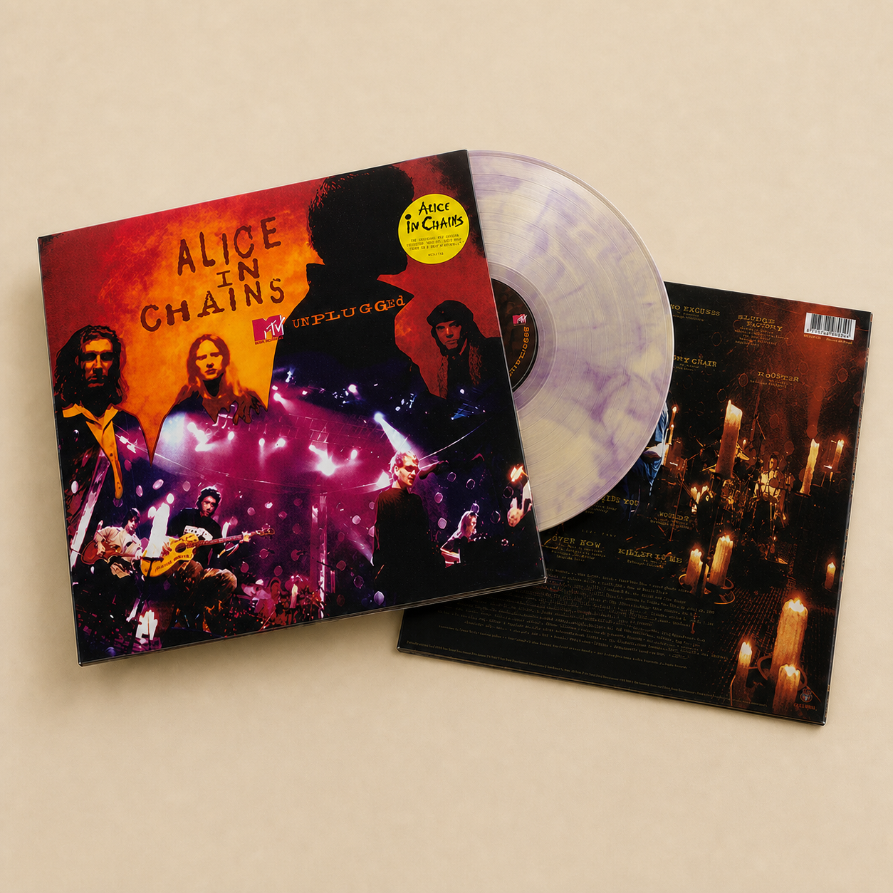 Alice in Chains MTV Unplugged com vinil marmorizado branco e roxo entre capa e contracapa